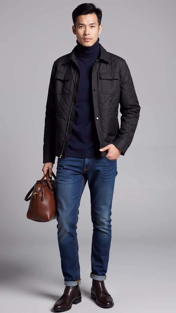 Quilted jacket fashion look with navy turtleneck and jeans.