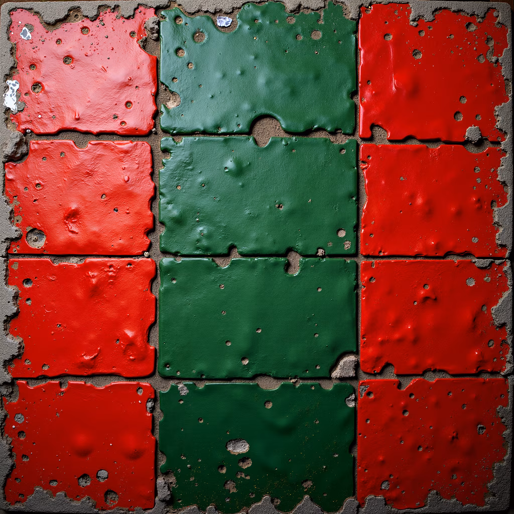 A bold illustration of red and green textured tiles.