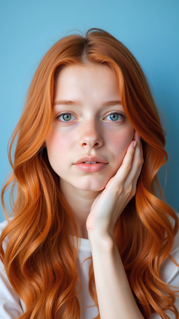 Close-up portrait of a red-haired girl with soft blue background, serene expression.