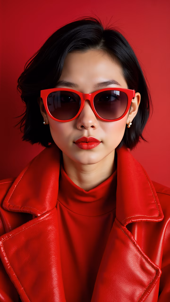 Bold red fashion portrait with striking contrasts and vibrant colors.