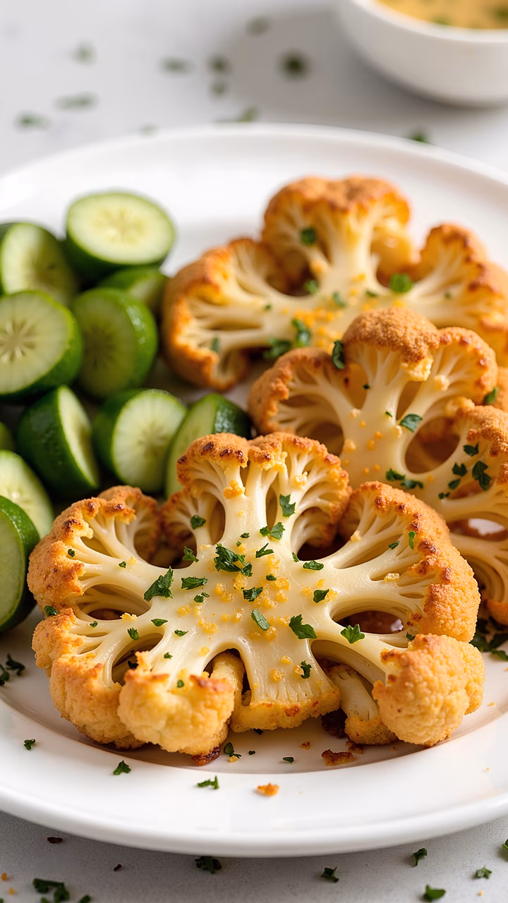 Golden roasted cauliflower with fresh cucumber slices, garnished with herbs and lemon zest.