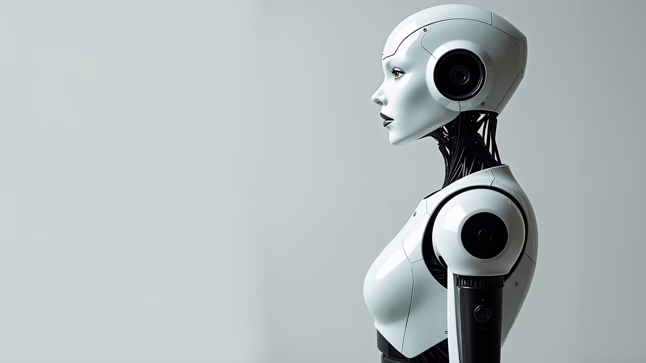 A futuristic humanoid robot with expressive eyes and sleek design.