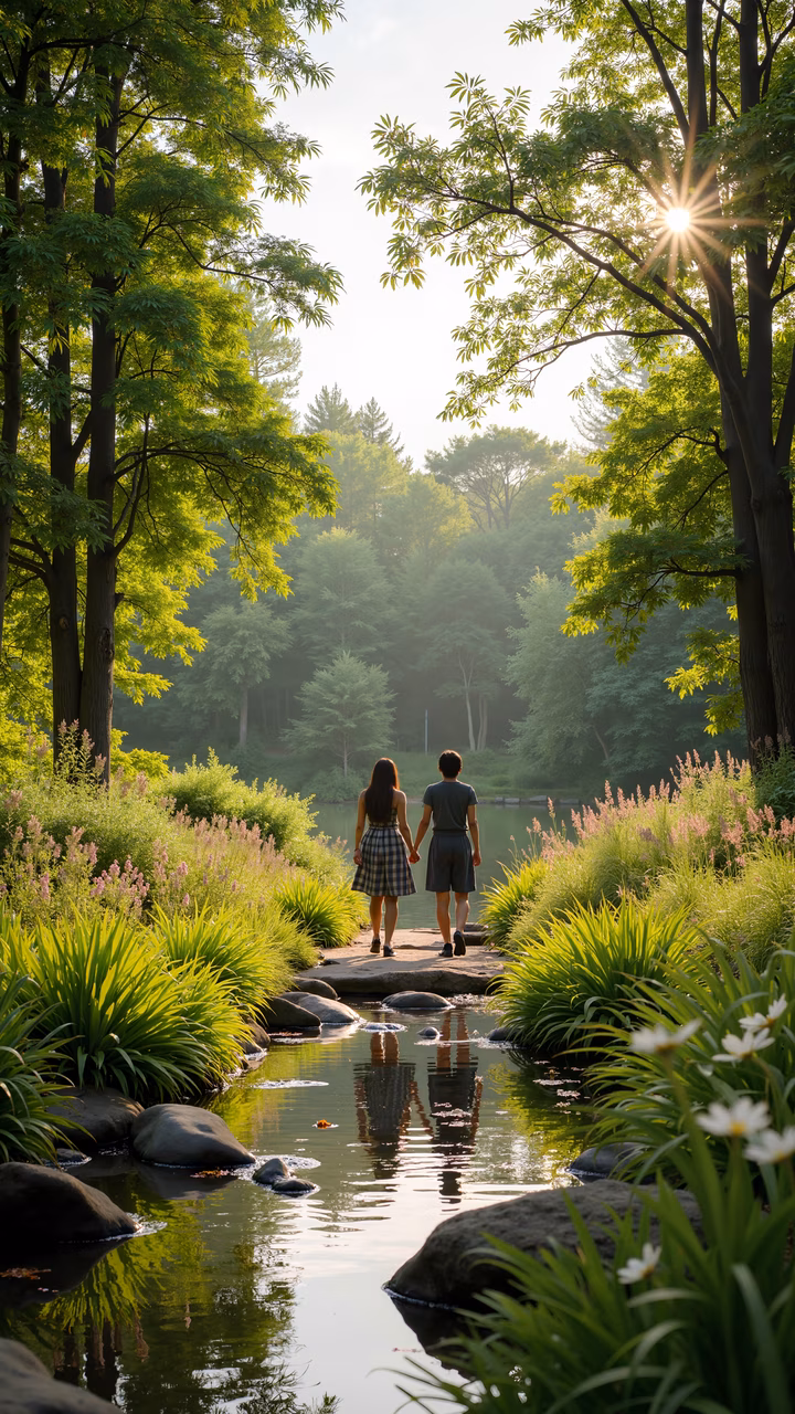 Romantic couple walking hand-in-hand along a picturesque pathway surrounded by nature.