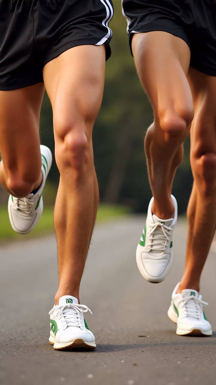 Dynamic close-up of synchronized runners mid-stride, emphasizing speed and unity.