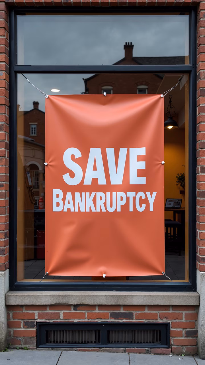Bold orange banner with 'SAVE BANKRUPTCY' in white text, social commentary on financial distress.