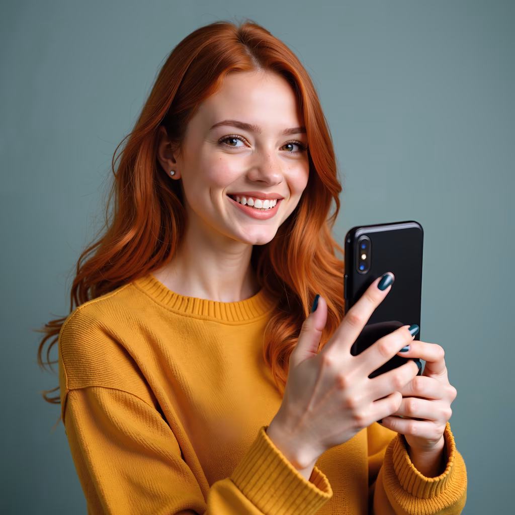 Joyful selfie moment with vibrant colors and casual attire.
