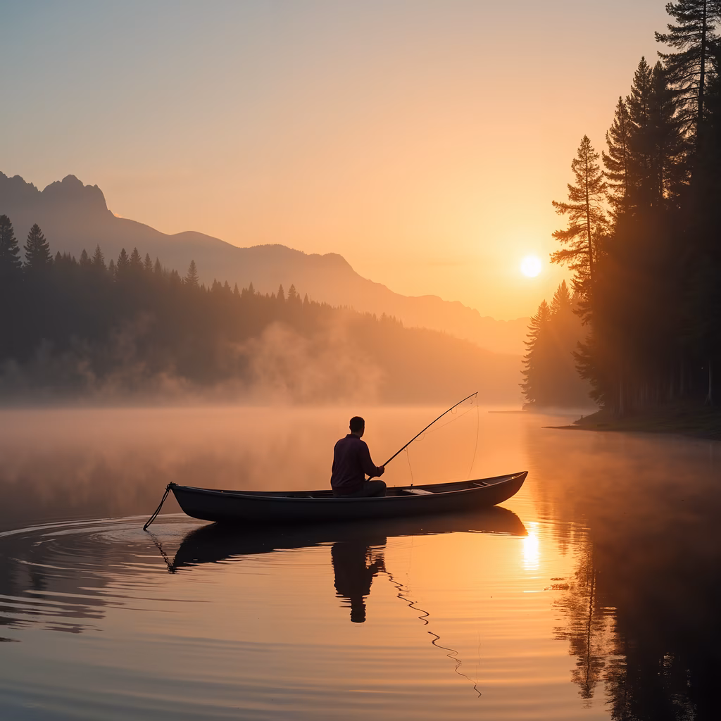Solitude and tranquility in a sunrise fishing scene.