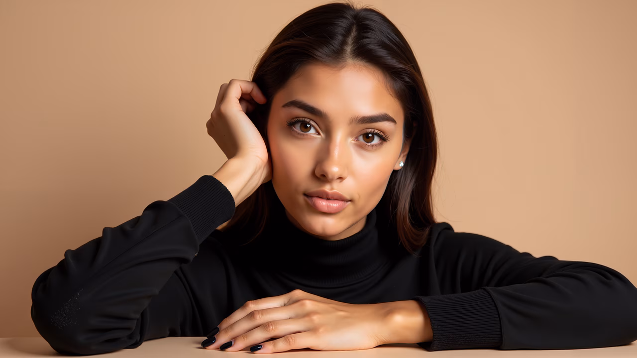 Close-up portrait of a woman with dark hair and a black turtleneck, set against a neutral beige background.