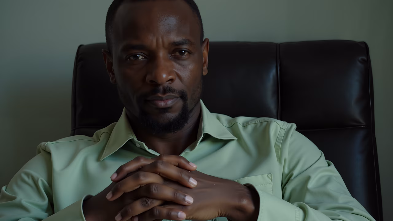 Close-up portrait of a man in a green shirt, seated and contemplative.