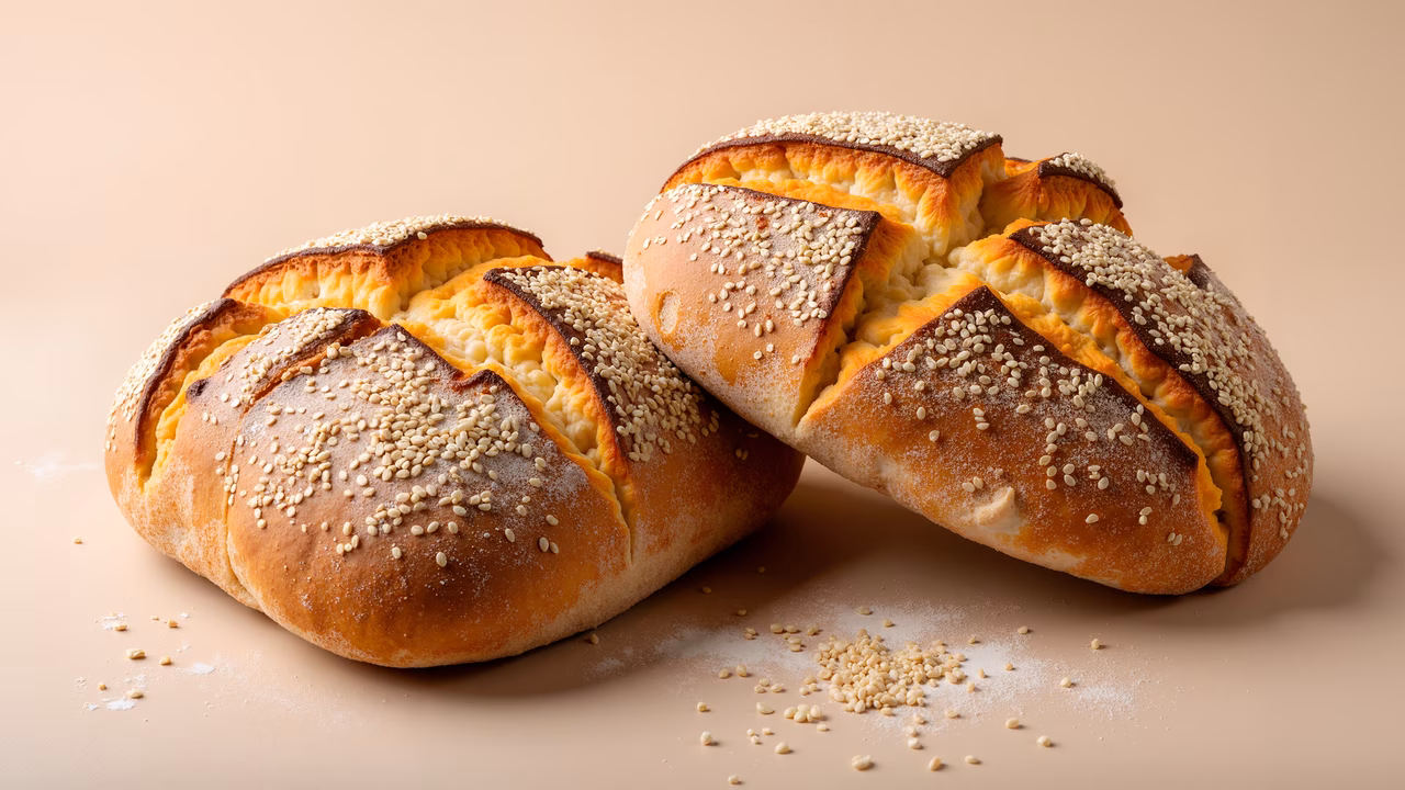 Golden sesame seed bread with rustic charm and warm tones.