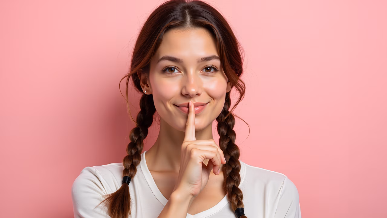 Close-up portrait of a young woman with braids, holding her finger to her lips against a pink backdrop.