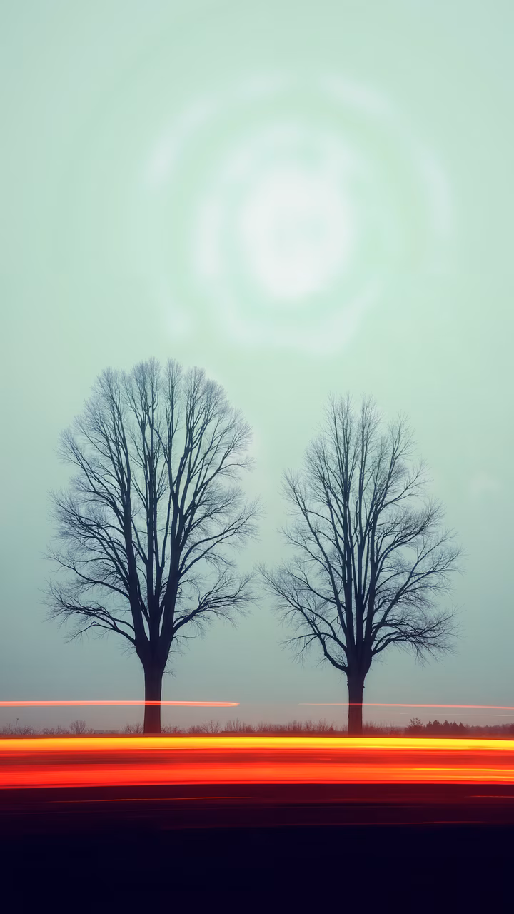 Silhouetted trees with red light trails against a green sky, evoking a sense of calm and motion.