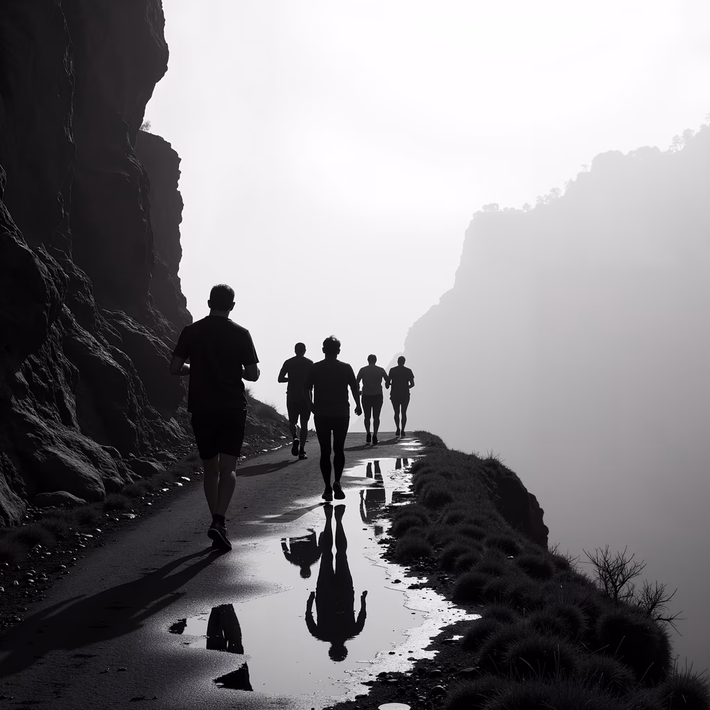 Silhouetted figures walking along a misty cliff path, evoking a sense of solitude and reflection.
