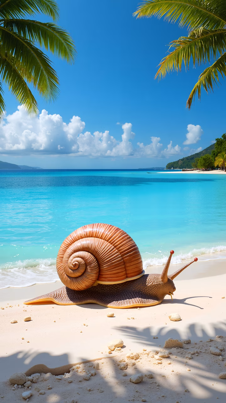 A snail on a tropical paradise beach, showcasing nature's beauty and serenity.