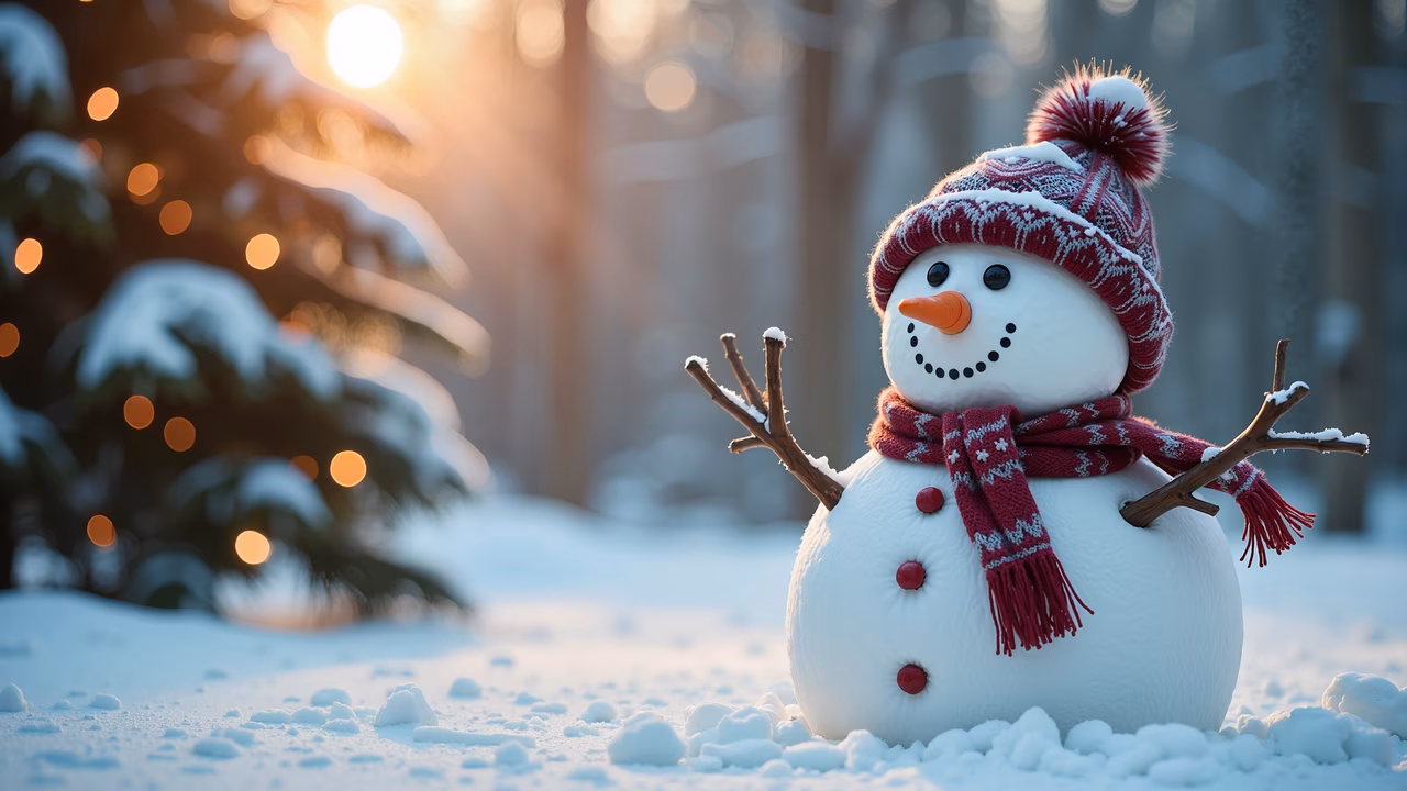 A snowman in a winter wonderland, surrounded by snow and a warm sunset.