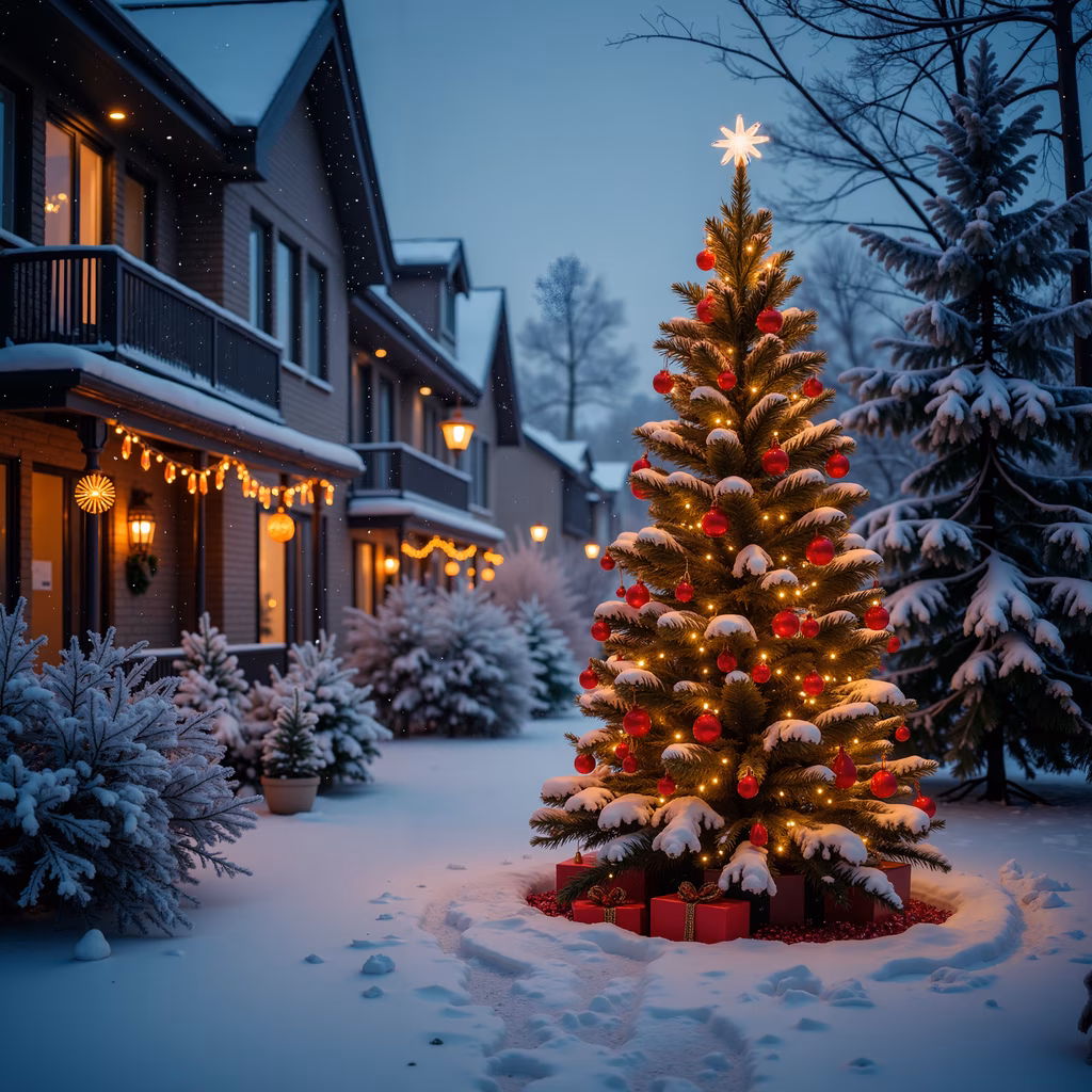A snowy Christmas tree with red ornaments and twinkling lights, set against a serene winter backdrop.
