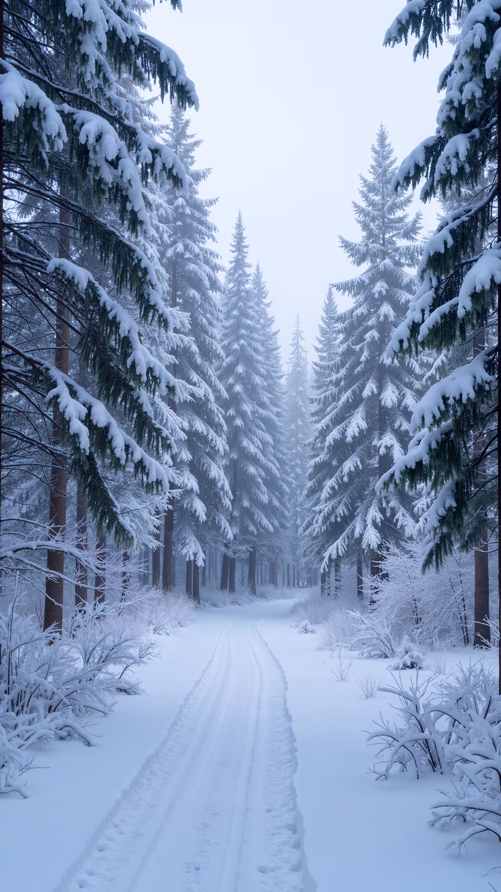 A tranquil winter path lined with snow-covered trees in a misty forest setting.