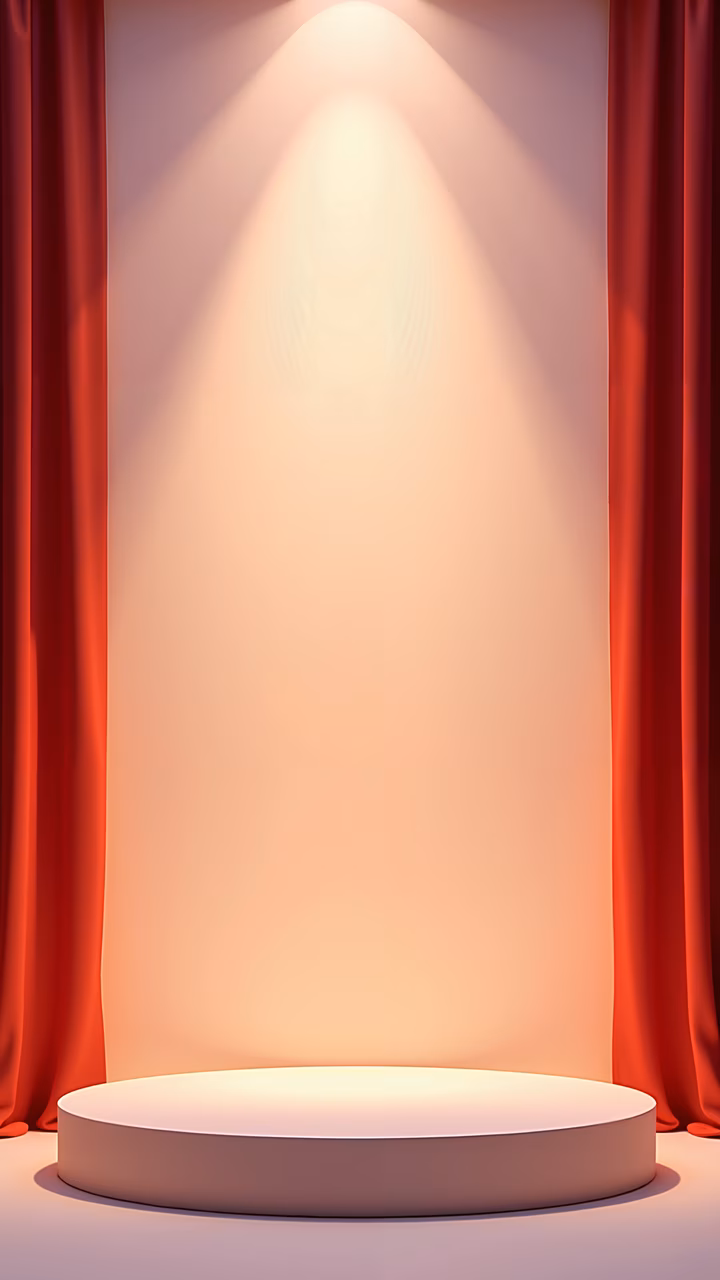 Minimalist spotlight podium with dramatic red curtains, ideal for stage design illustrations.