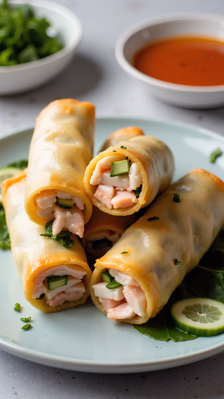 Delicious spring rolls with chicken and avocado, beautifully presented on a light blue plate.