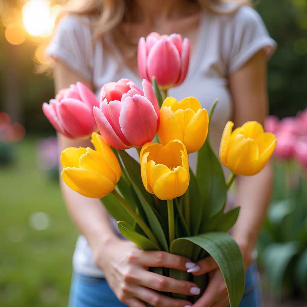 Vibrant tulips held by a person in a sunny, natural setting.