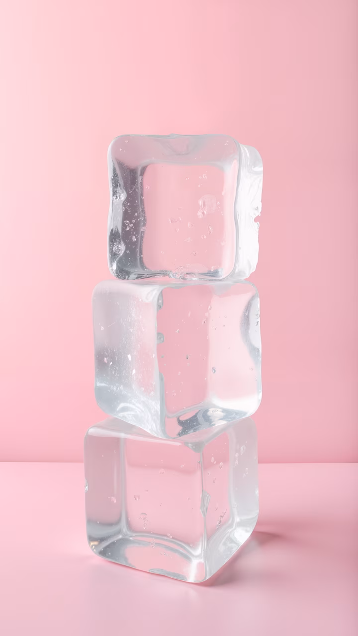 Stacked ice cubes on a soft pink background, showcasing transparency and air bubbles.