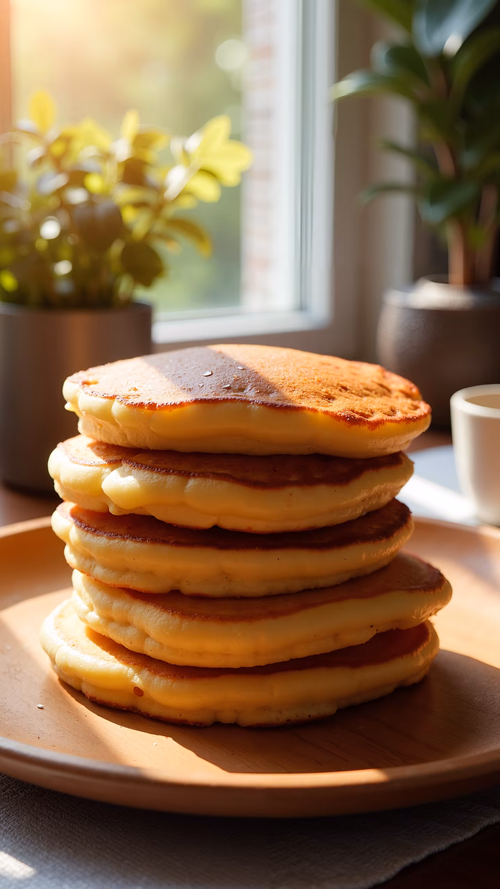 Golden pancakes stacked on a wooden plate, bathed in warm sunlight.