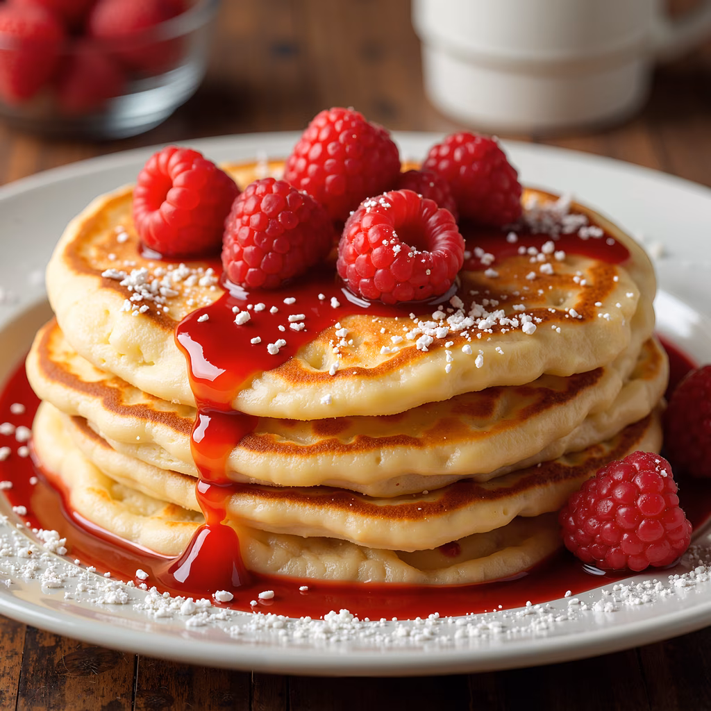 Golden pancakes with raspberries and syrup, garnished with powdered sugar.