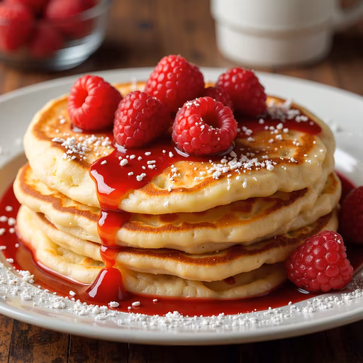 Stacked Pancakes with Raspberries