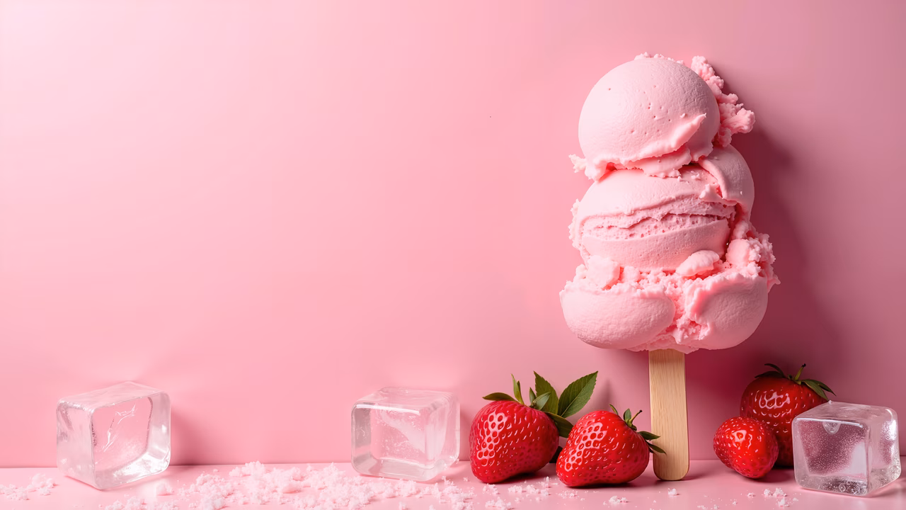 Strawberry ice cream popsicle with strawberries and ice cubes
