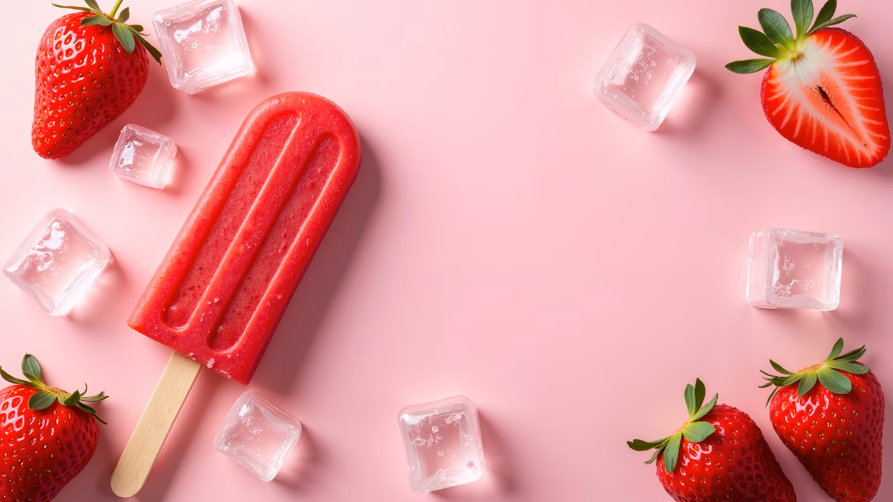 Strawberry popsicle on a pink background with fresh strawberries and ice cubes.