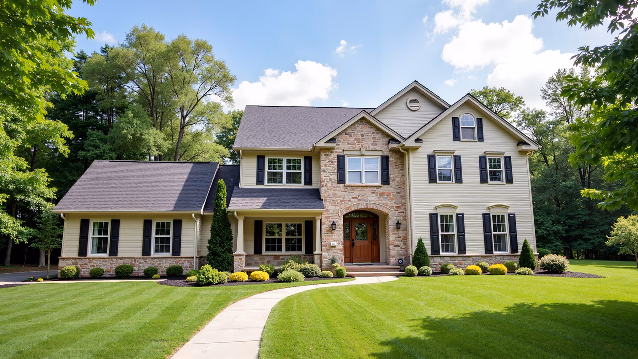 A beautiful suburban home with a manicured lawn and charming architecture.