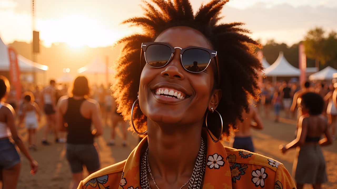 Sunlit festival smiles capture joy amidst the vibrant sunset.