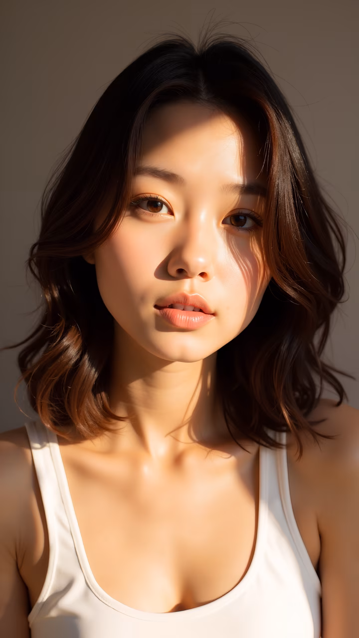 Soft sunlight illuminates a serene portrait of a person against a neutral backdrop.