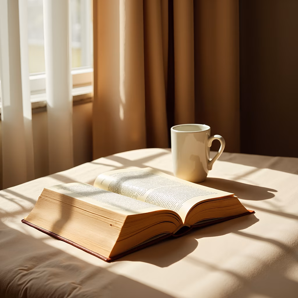 A peaceful reading setup illuminated by natural sunlight.