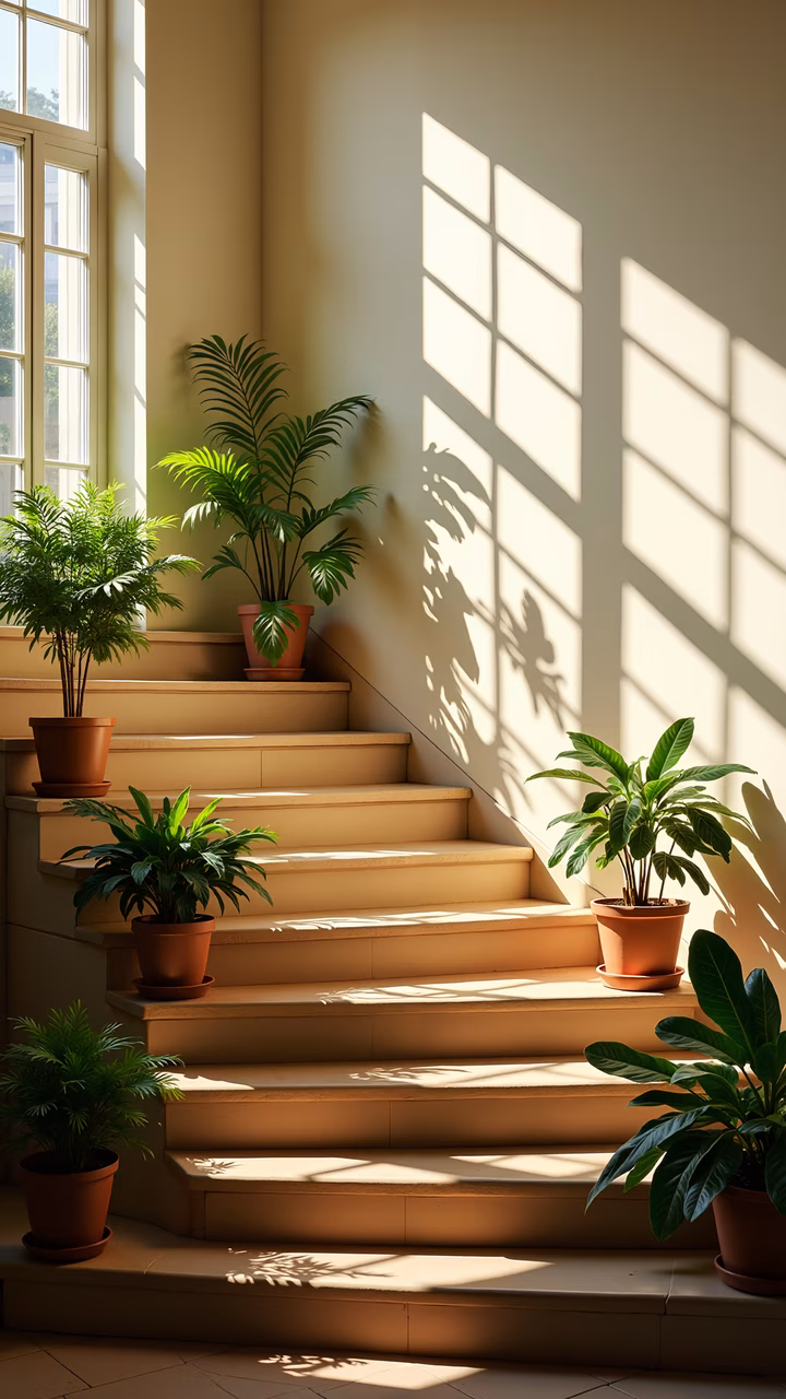 A peaceful staircase with potted plants illuminated by natural light.