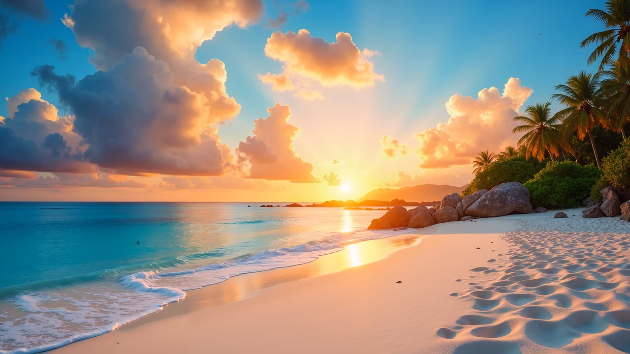 A peaceful sunset beach scene with vibrant colors and natural textures.