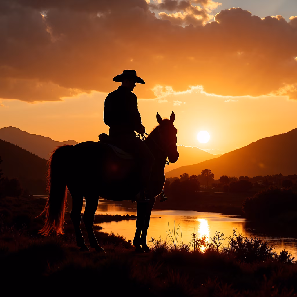 Silhouette cowboy on horseback against a stunning sunset, evoking tranquility and solitude.