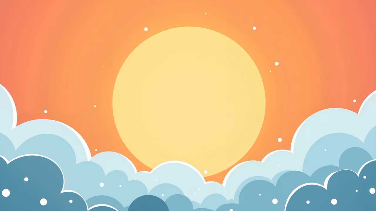 A tranquil sunset scene with a warm sun and soft clouds.