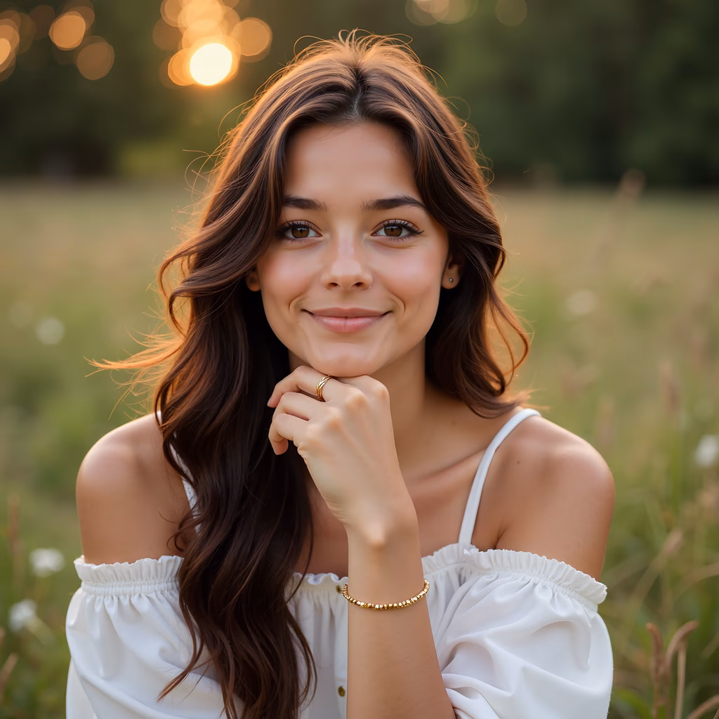 A peaceful portrait of a young woman against a sunset backdrop, evoking tranquility and warmth.