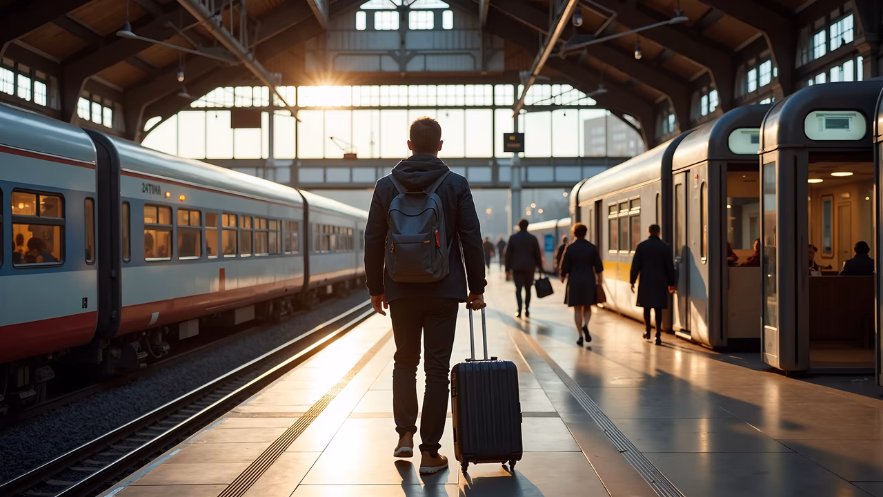 A solitary figure embarks on a journey as the day ends at a vibrant train station.