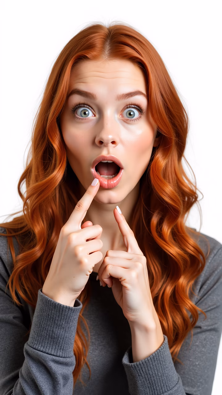 Close-up portrait of a surprised woman with red hair and gray sweater.