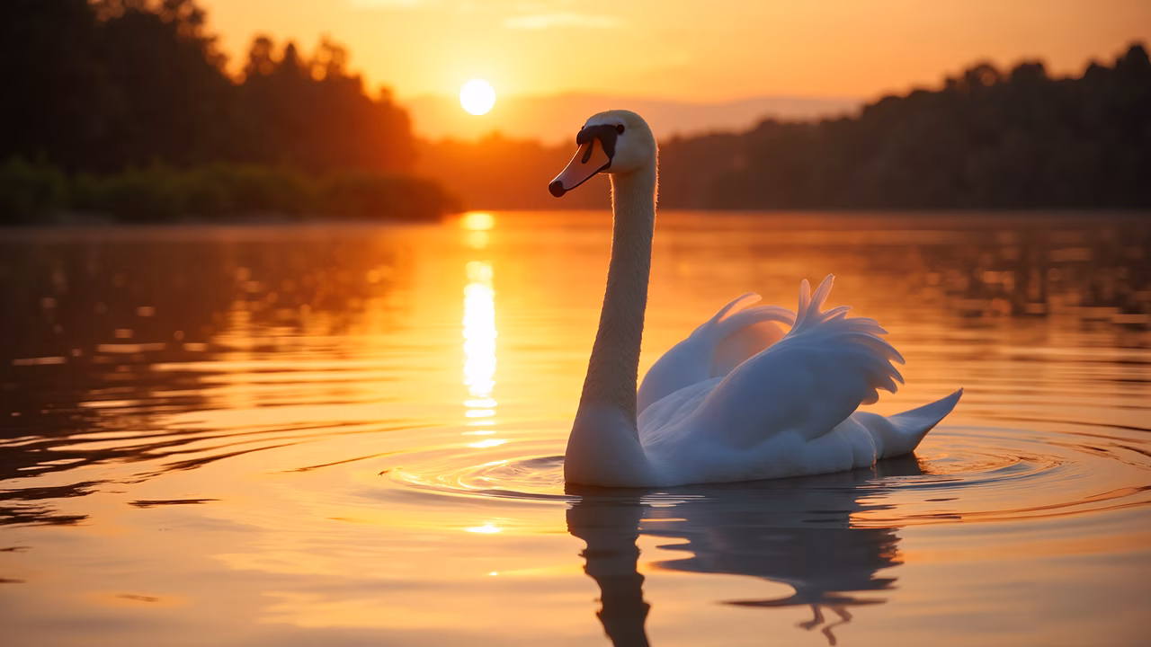 A swan gliding over a lake at sunset, capturing the beauty of nature.
