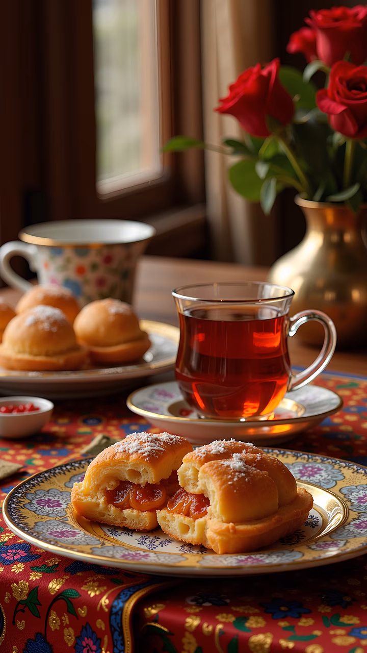 Delicate pastries and a warm cup of tea on a floral tablecloth, perfect for a cozy tea time.