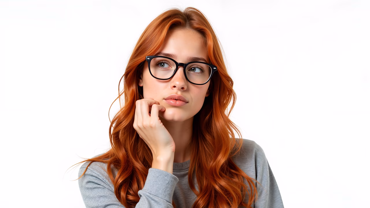 Close-up portrait of a red-haired individual wearing glasses, posed thoughtfully against a white background.