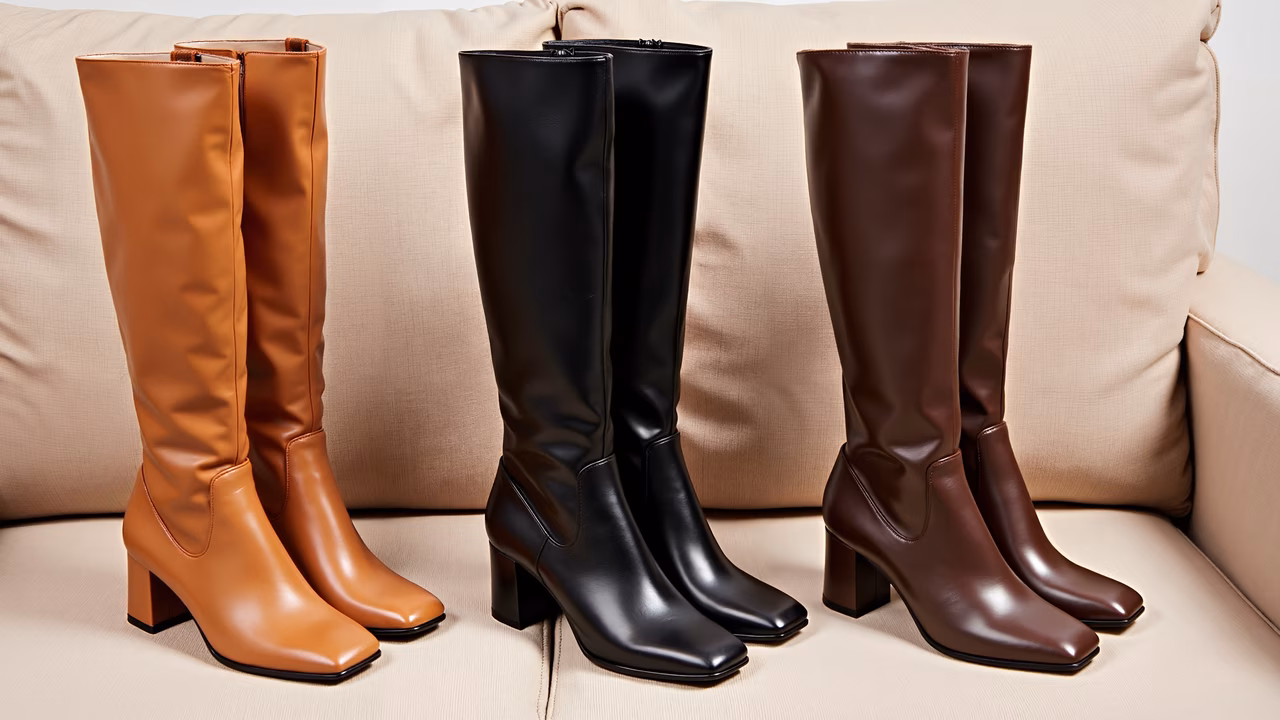 Three pairs of elegant knee-high boots in caramel, black, and dark brown, displayed on a beige couch.