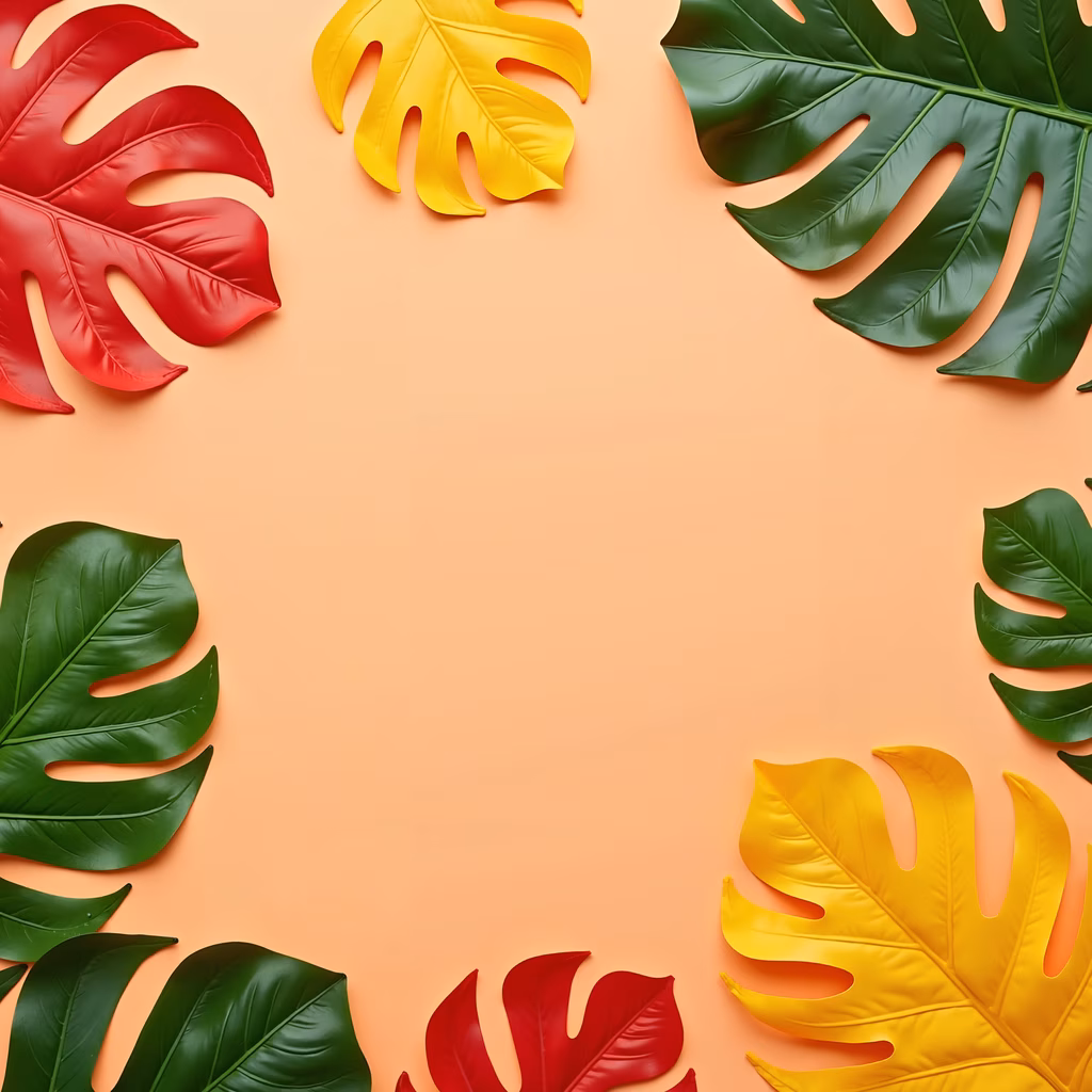 Vibrant tropical leaf frame with bold colors and intricate details on a peach background.