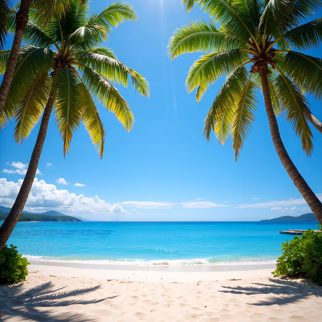 A picturesque tropical beach with palm trees and clear waters.