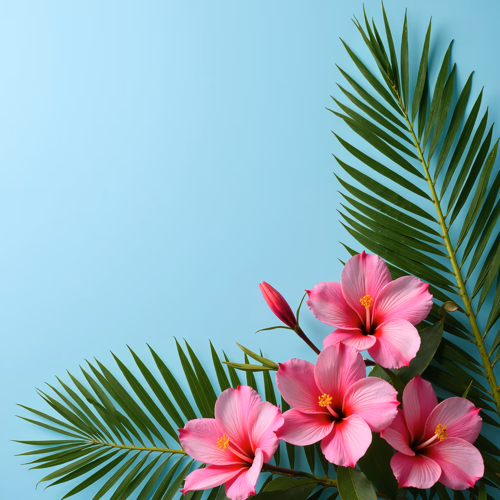 Vibrant tropical flowers and lush palm leaves on a turquoise background.