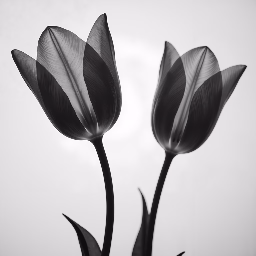 Black-and-white tulip photograph with elegant contrast and soft lighting.