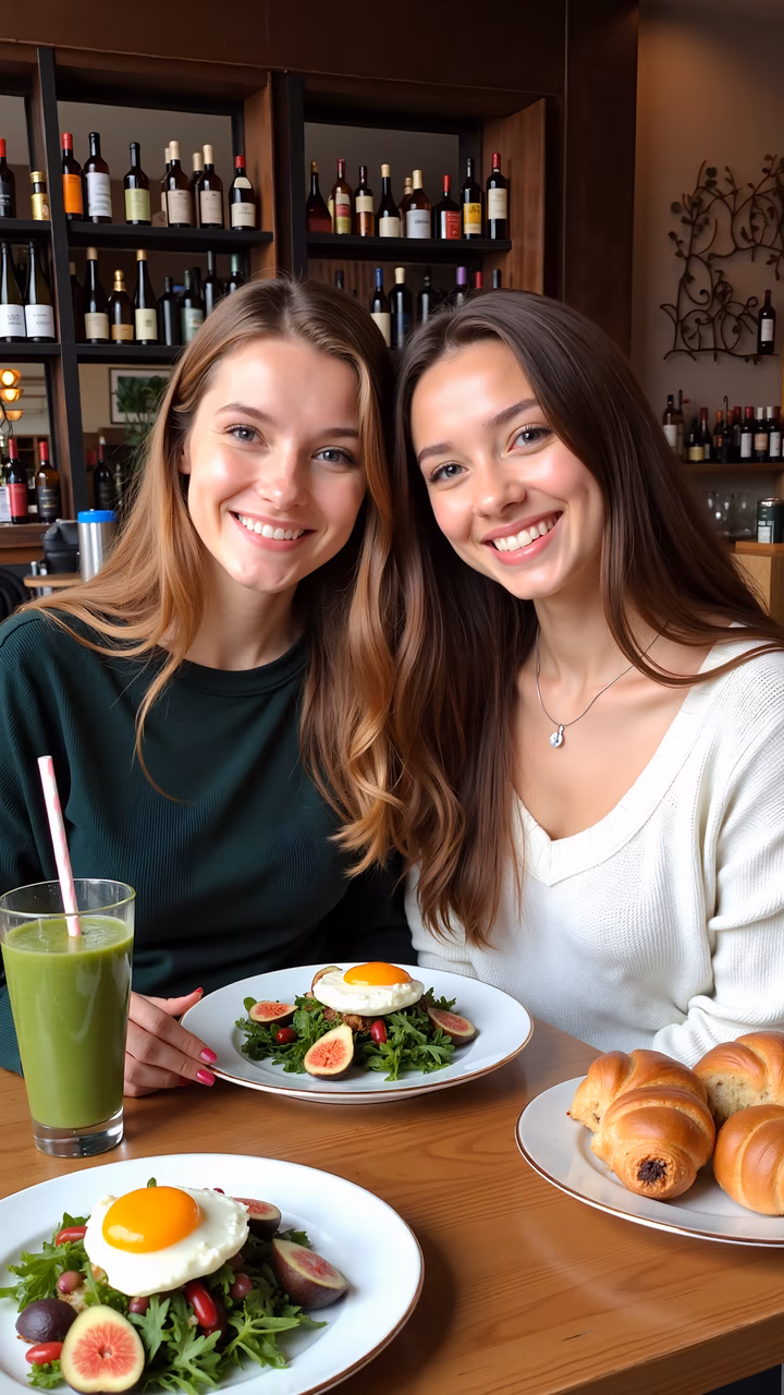Two friends enjoying a healthy meal in a cozy café setting.